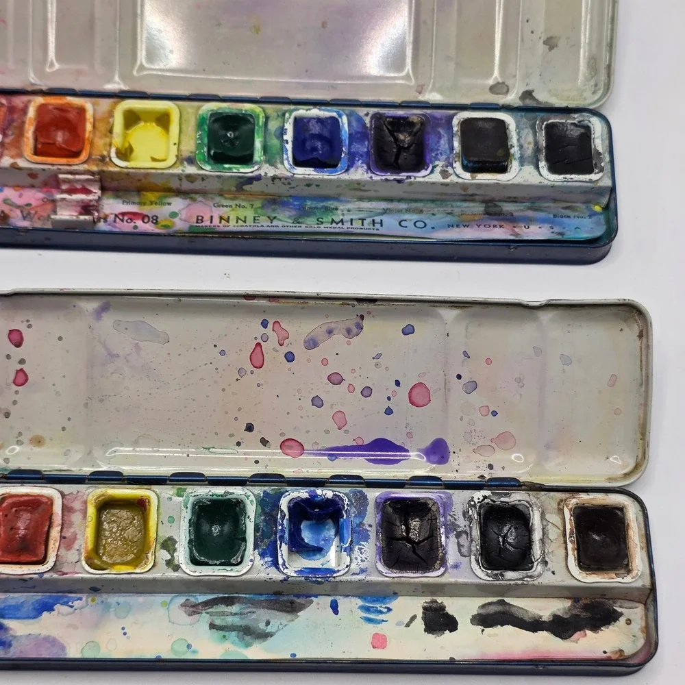 Watercolor Paint Tins Vintage Binney & Smith Artista Blue Metal Set of 2 Art - Picture 6 of 8